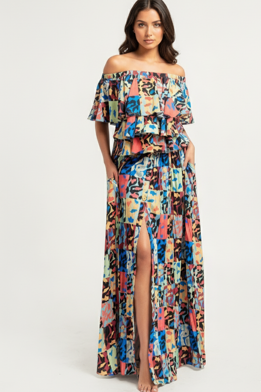Printed Ruffle Top And Pleated Skirt Set
