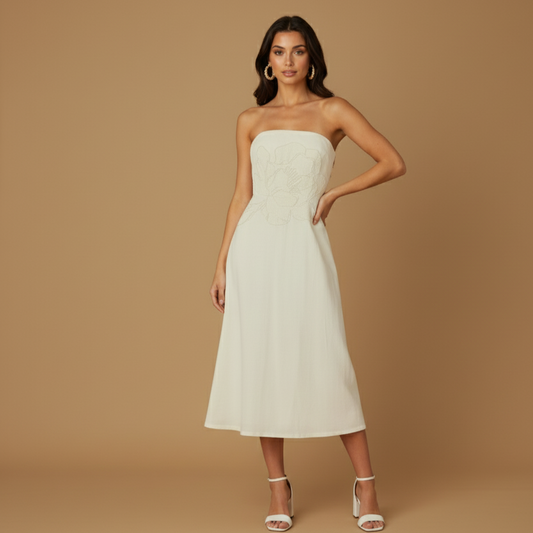 Flower Lining Linen Pattern Strapless Dress